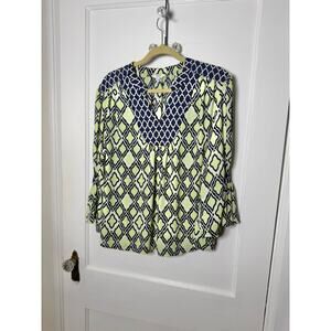Crown & Ivy Classic Preppy V-neck Diamond Yellow Navy White Blouse Size XL